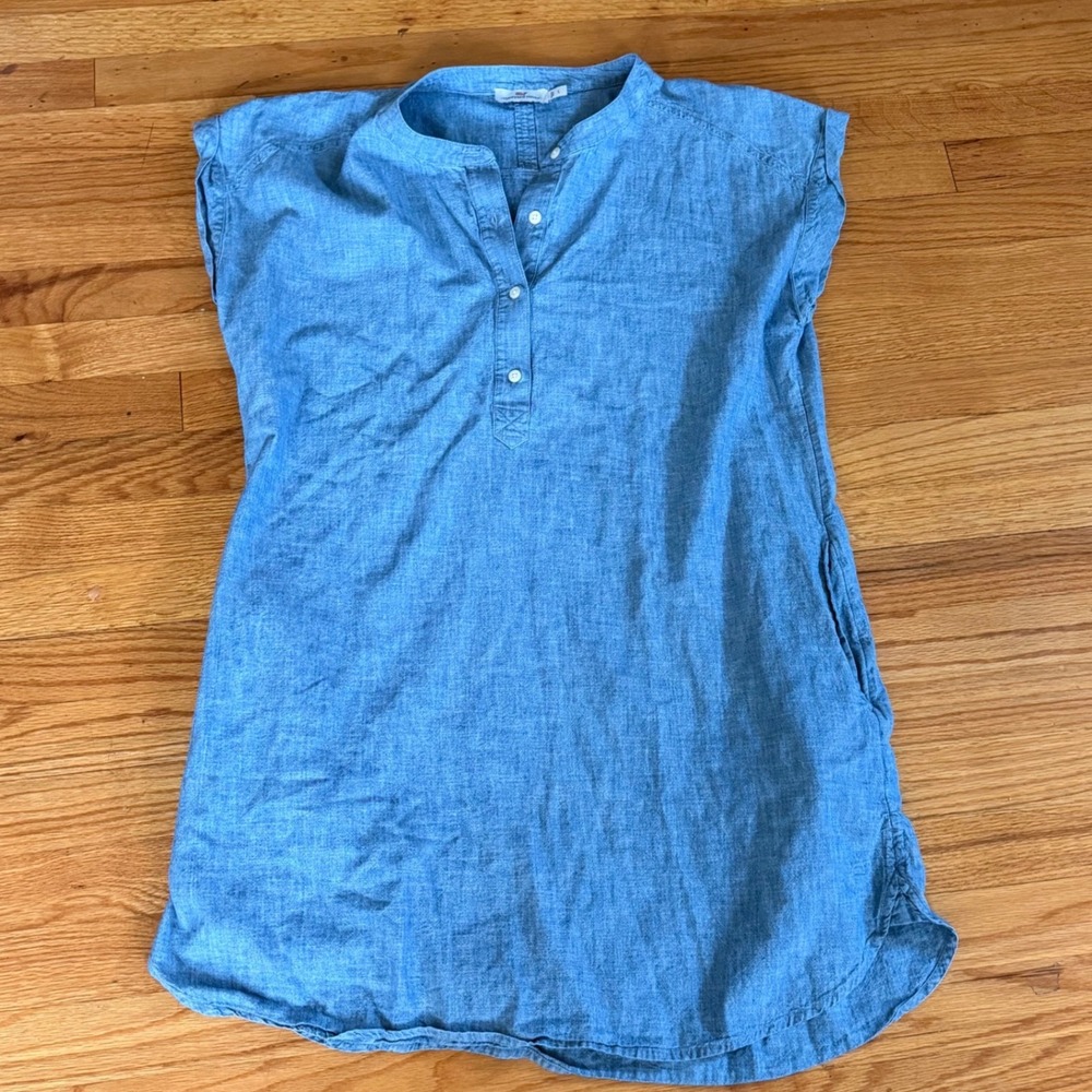 Vineyard Vines Chambray Henley Shift Dress Large Blue Cotton Cap Sleeve Pockets